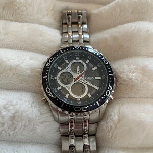 Elgin Men's Silver Stainless Steel Analog-Digital Dive Watch with Black Bezel